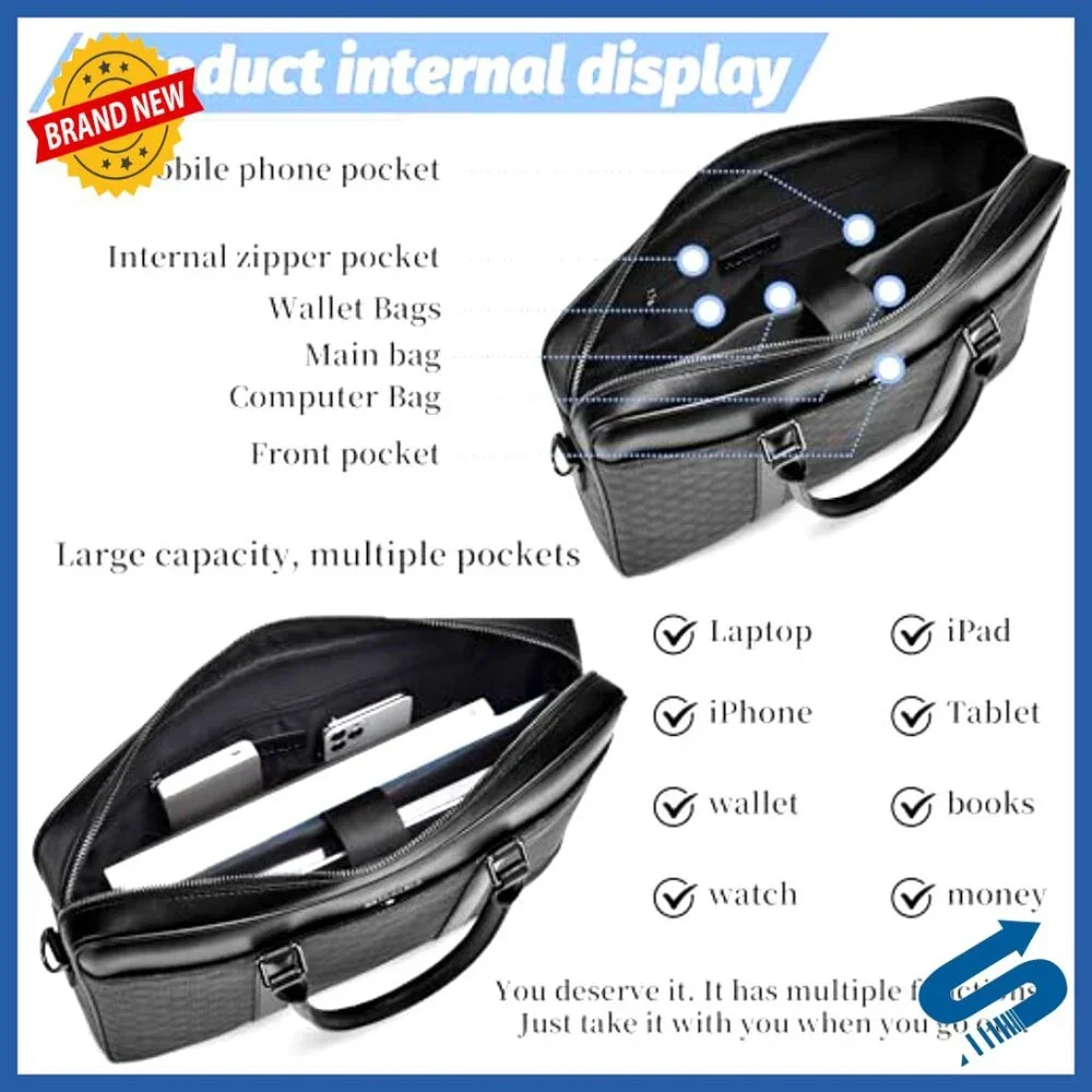 Large Leather Briefcase Messenger Bag Water Resistant Business Travel Laptop